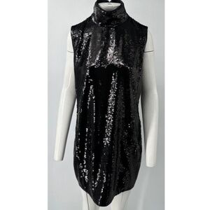 Theory black sequin sleeveless funnel neck knee length shift dress NWT sz 10